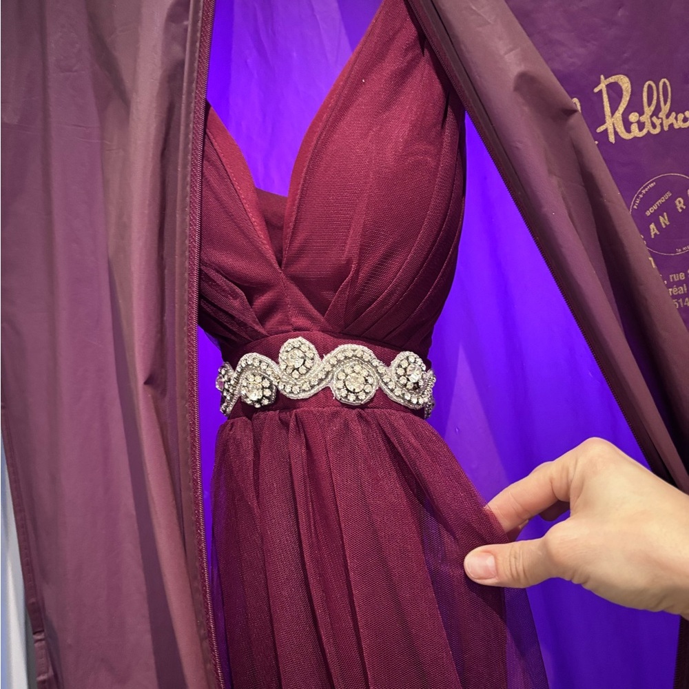 Luxxel Burgundy Tulle Dress with Floral Waistband - Picture 2 of 4